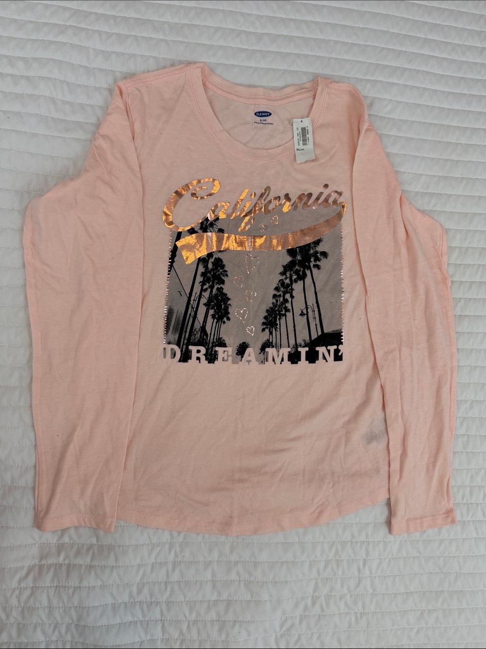 Girl Old Navy Pink Long Sleeve Tee with Metallic Gold 'California' Graphic